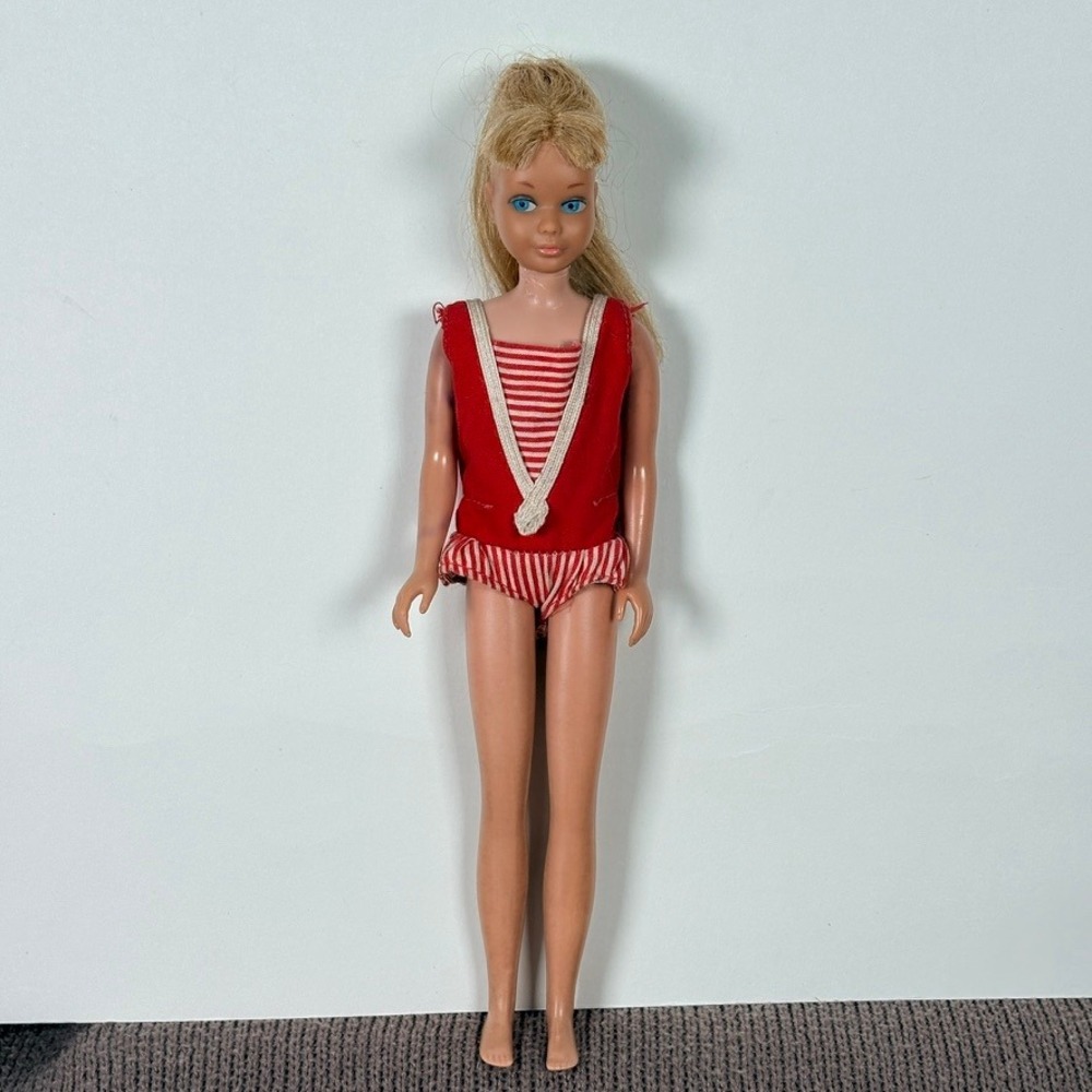 Vintage 1964 Mattel Skipper Doll Original Straight Leg Swimsuit Blonde Blue 0950